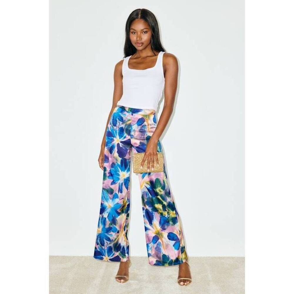 Lulus Thriving Vibes Blue Floral Print Satin Wide-leg Pants - Size M